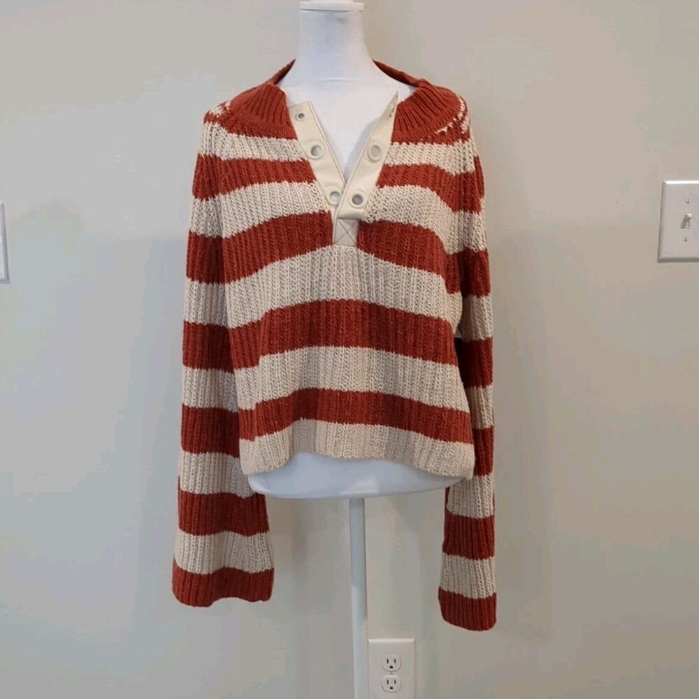 ee:some Chunky Cropped Striped Sweater Women’s L V Neck Boxy Fit Wide Sleeve